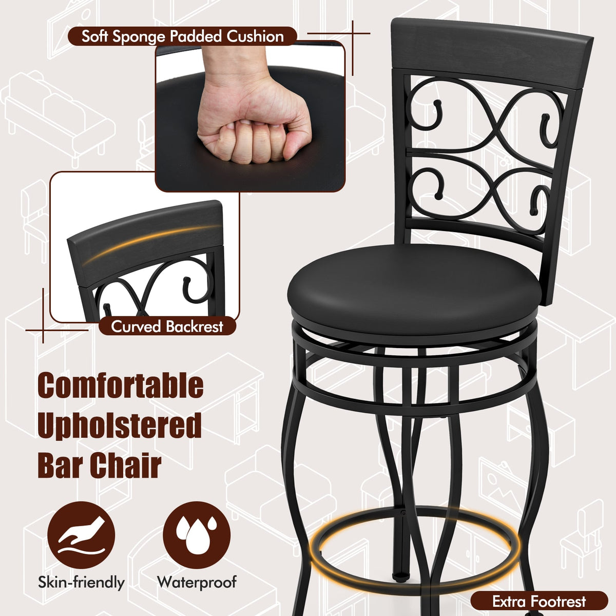 Set of 2 26 Inch Bar Stool with Backrest and Footrest-Black-Dining Chairs-DECOROLALA