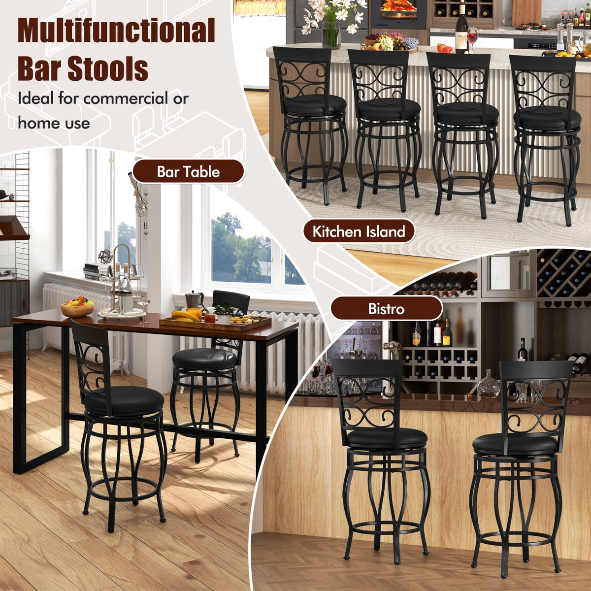 Set of 2 26 Inch Bar Stool with Backrest and Footrest-Black-Dining Chairs-DECOROLALA