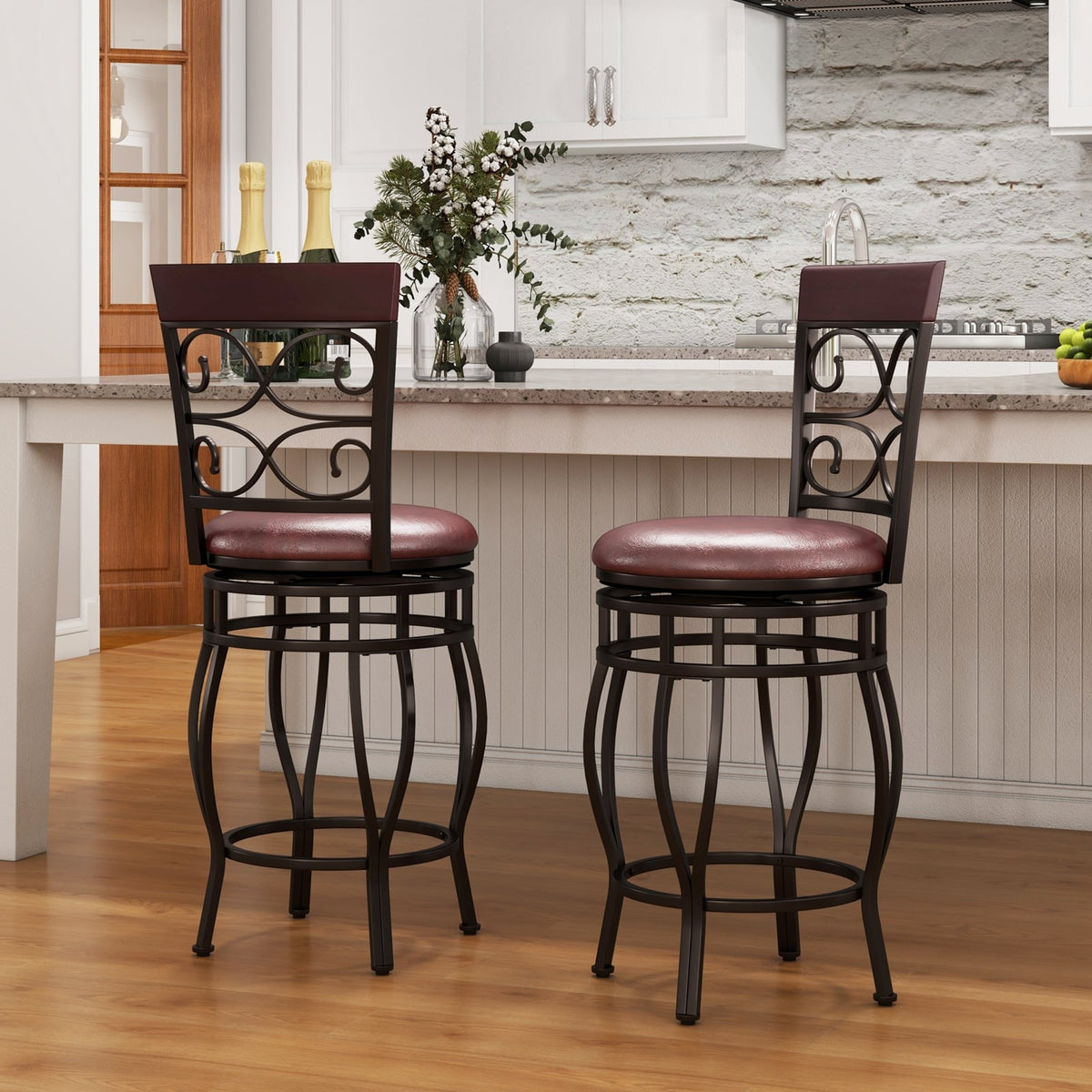 Set of 2 26 Inch Bar Stool with Backrest and Footrest-Brown-Dining Chairs-DECOROLALA