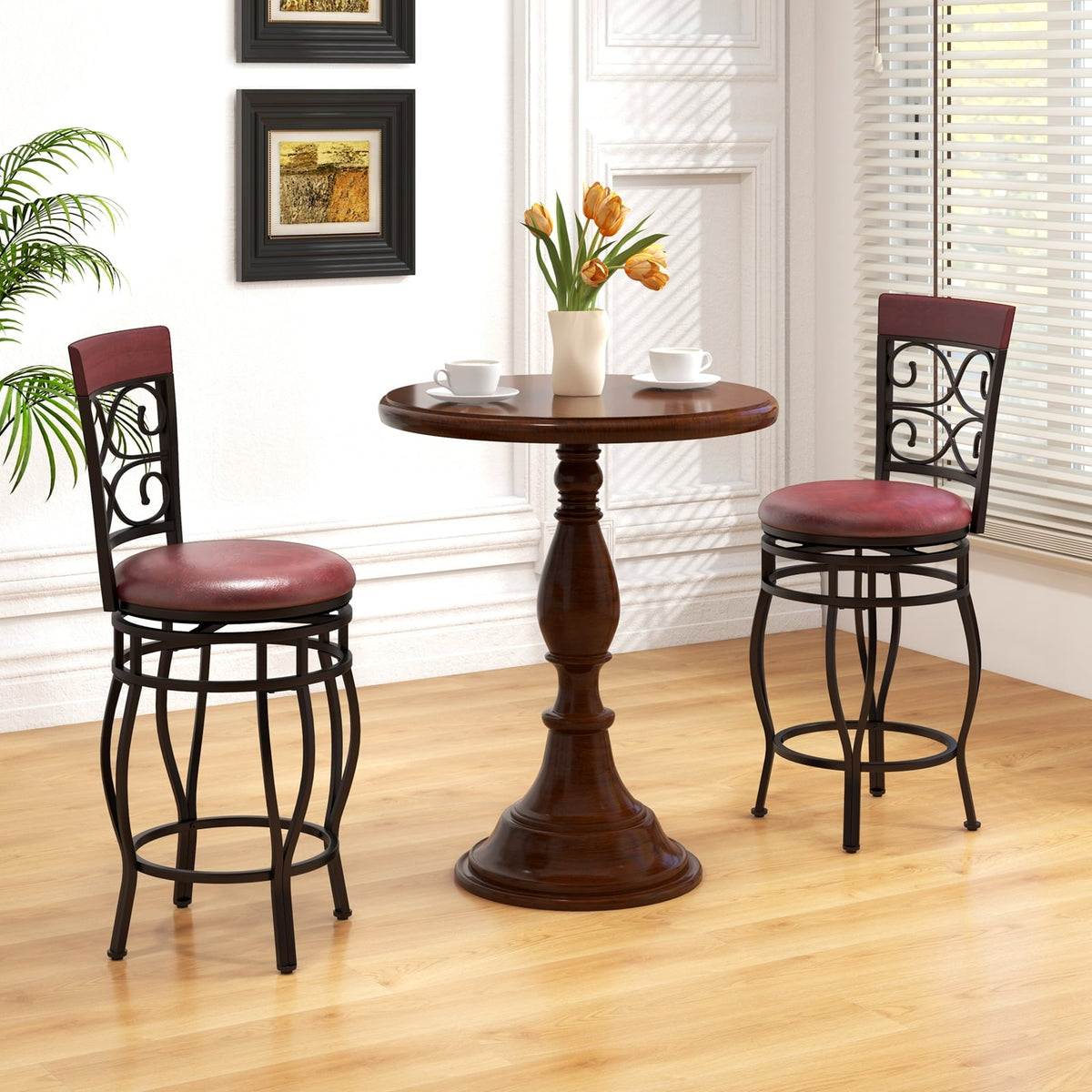Set of 2 26 Inch Bar Stool with Backrest and Footrest-Brown-Dining Chairs-DECOROLALA