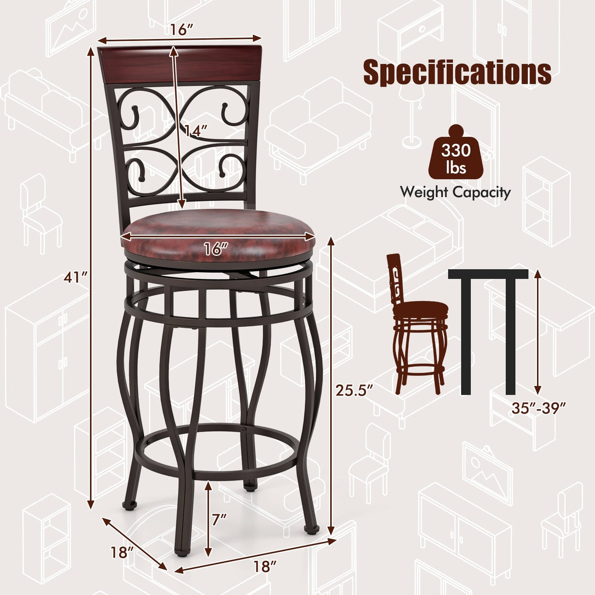 Set of 2 26 Inch Bar Stool with Backrest and Footrest-Brown-Dining Chairs-DECOROLALA