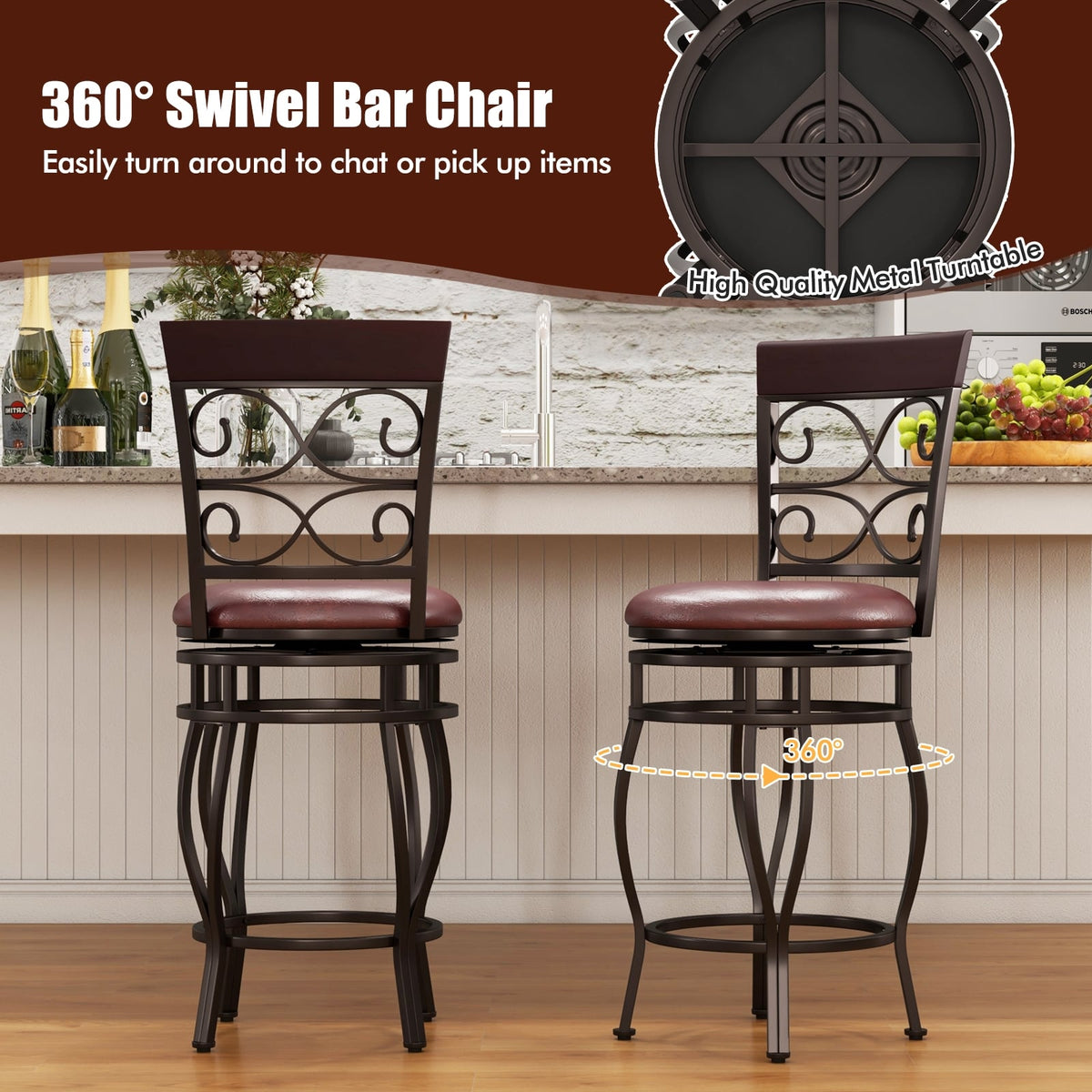 Set of 2 26 Inch Bar Stool with Backrest and Footrest-Brown-Dining Chairs-DECOROLALA