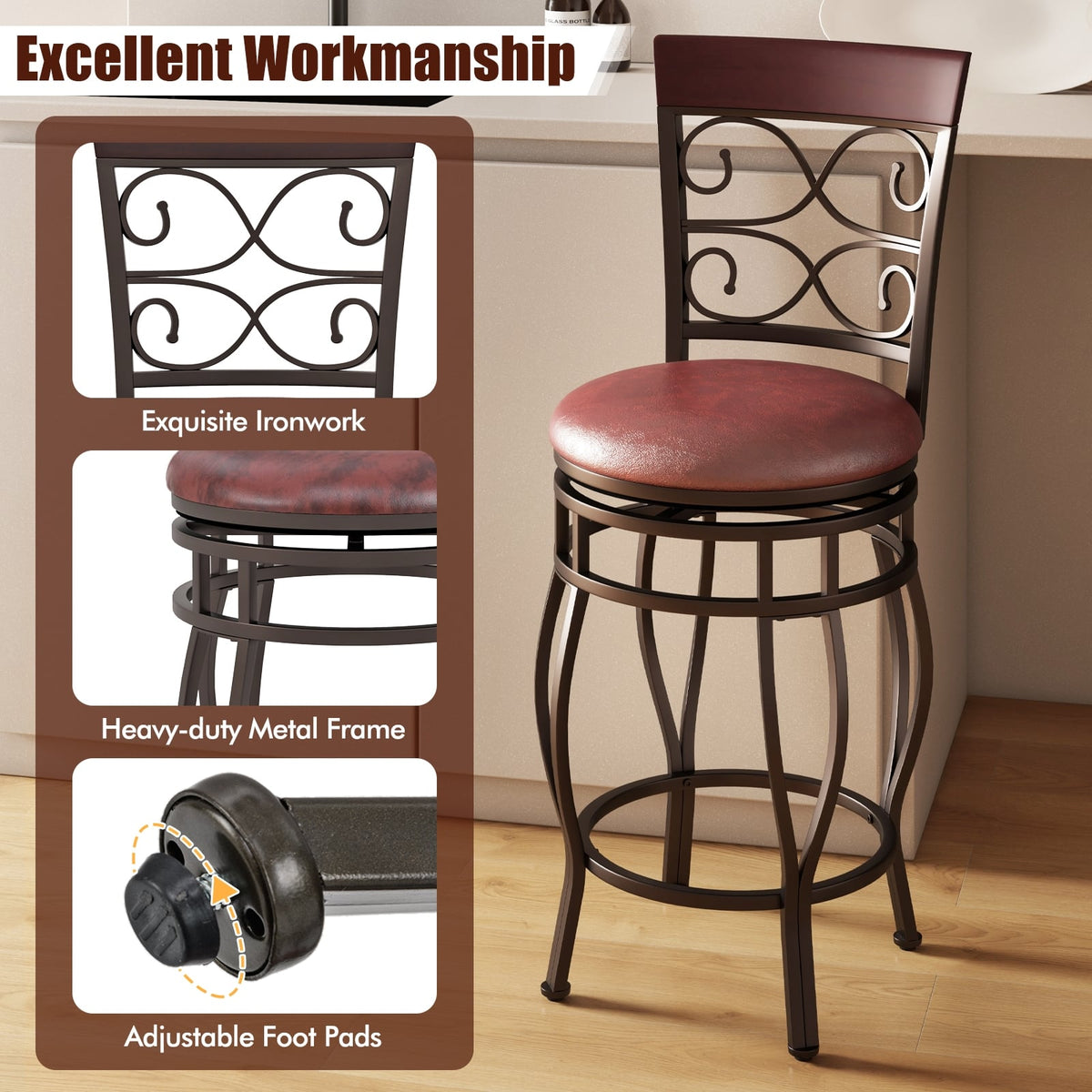 Set of 2 26 Inch Bar Stool with Backrest and Footrest-Brown-Dining Chairs-DECOROLALA
