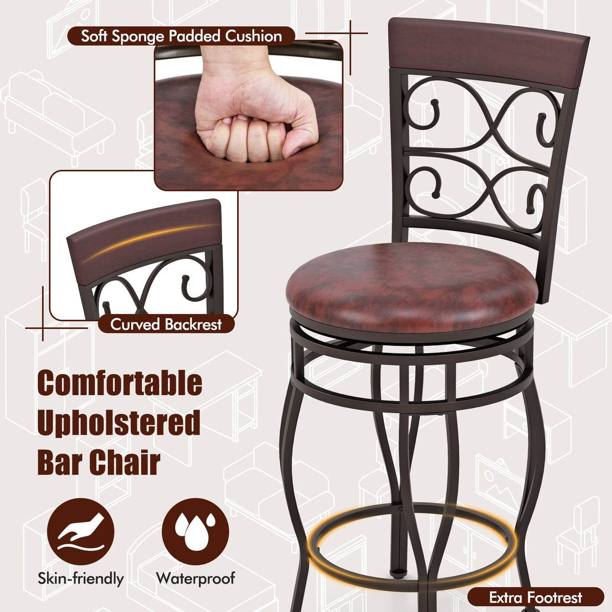 Set of 2 26 Inch Bar Stool with Backrest and Footrest-Brown-Dining Chairs-DECOROLALA