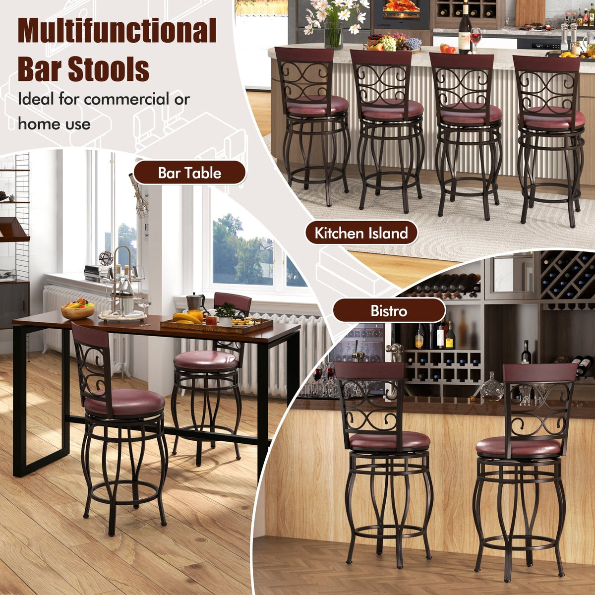 Set of 2 26 Inch Bar Stool with Backrest and Footrest-Brown-Dining Chairs-DECOROLALA