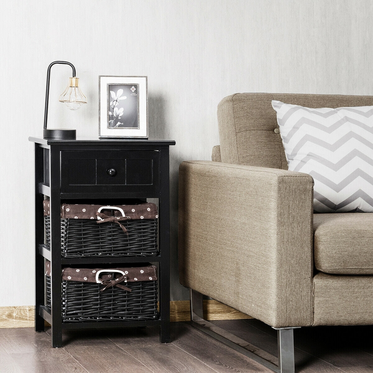 Set of 2 3-Layer 1 Drawer Wood Bedside End Table-Black-Nightstands-DECOROLALA