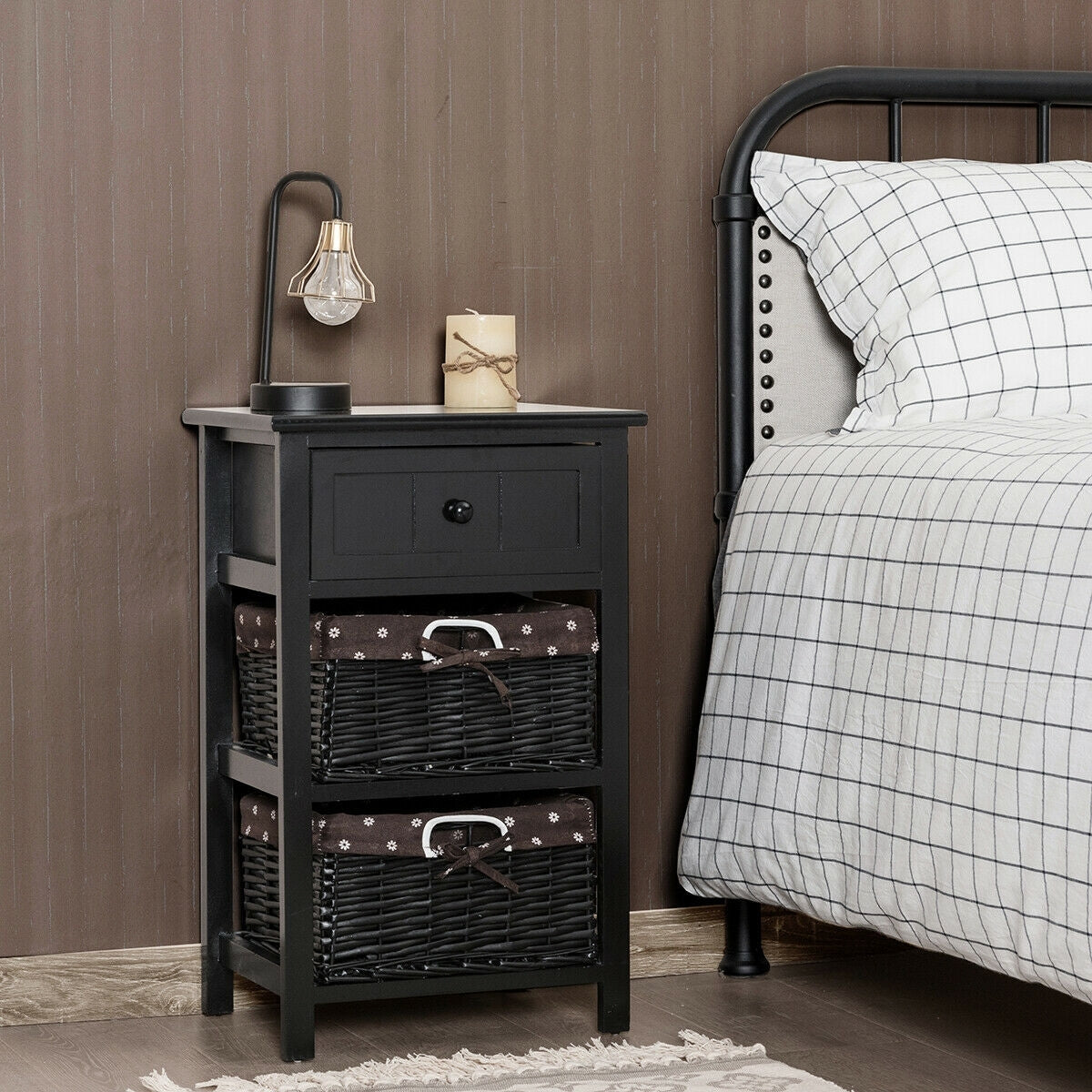 Set of 2 3-Layer 1 Drawer Wood Bedside End Table-Black-Nightstands-DECOROLALA