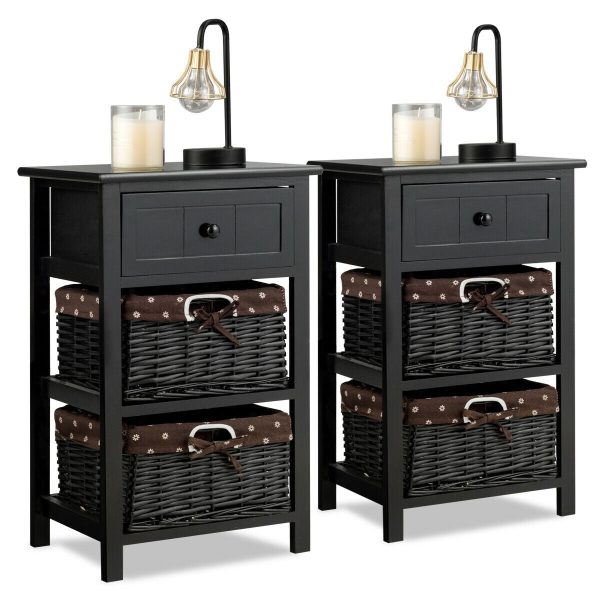 Set of 2 3-Layer 1 Drawer Wood Bedside End Table-Black-Nightstands-DECOROLALA