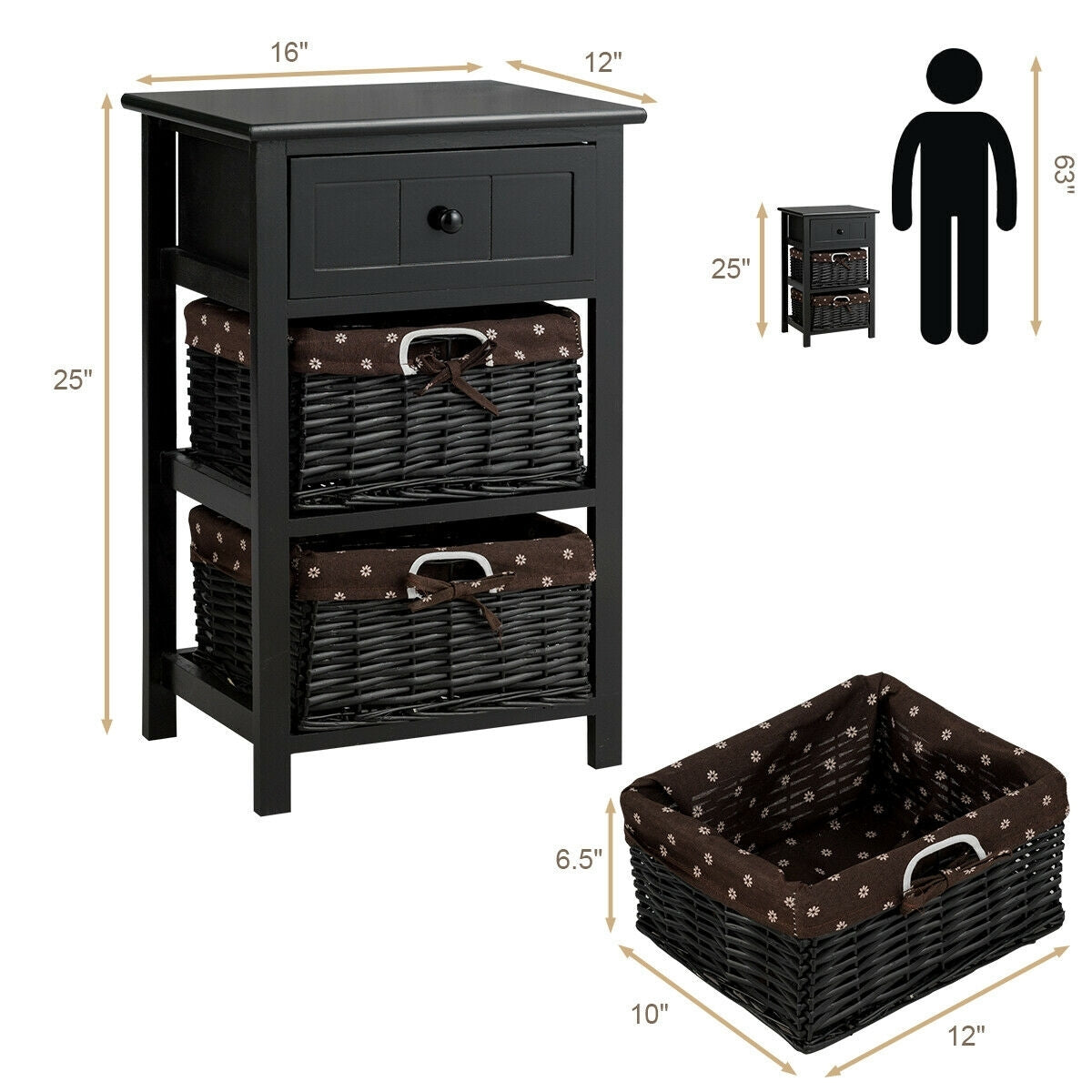 Set of 2 3-Layer 1 Drawer Wood Bedside End Table-Black-Nightstands-DECOROLALA