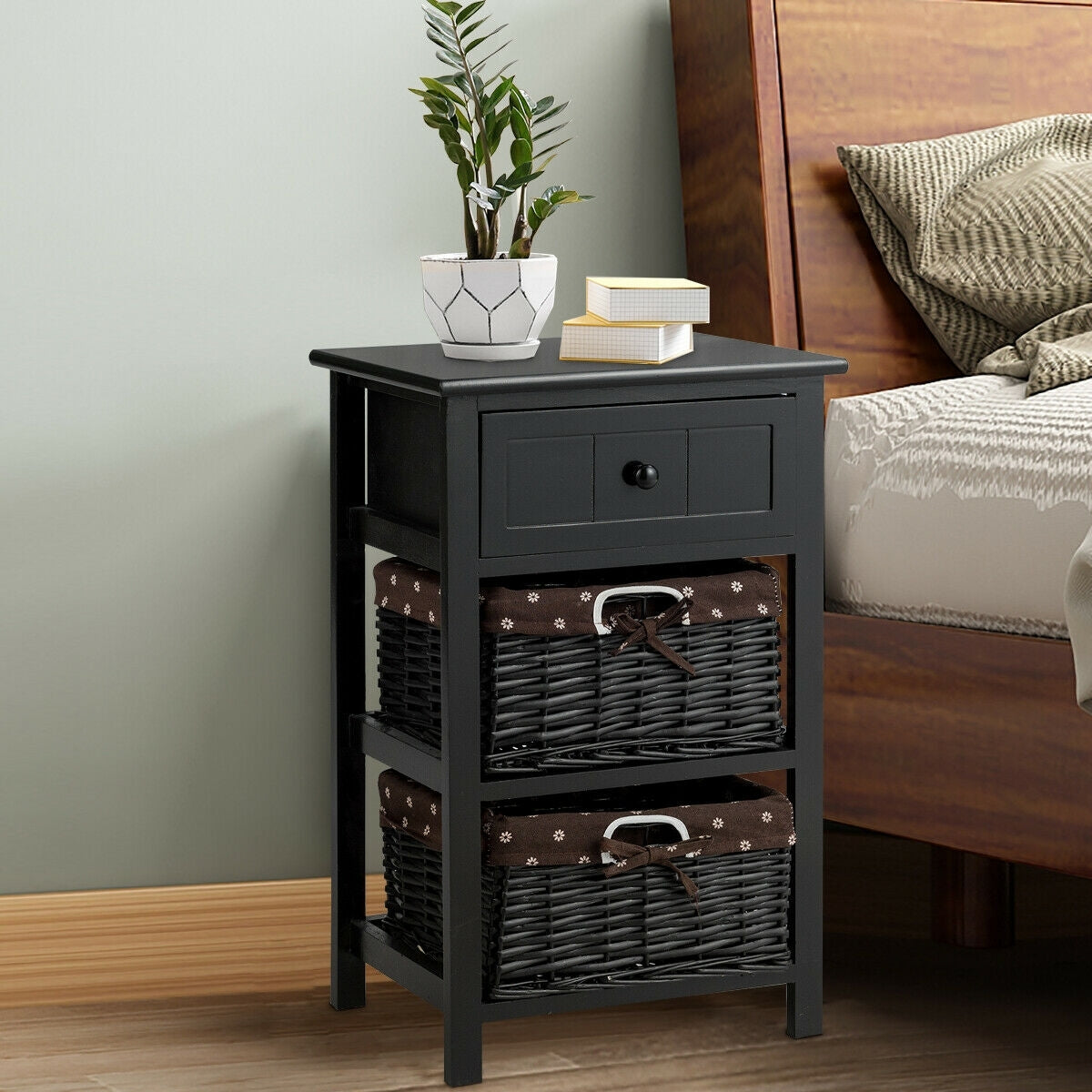 Set of 2 3-Layer 1 Drawer Wood Bedside End Table-Black-Nightstands-DECOROLALA