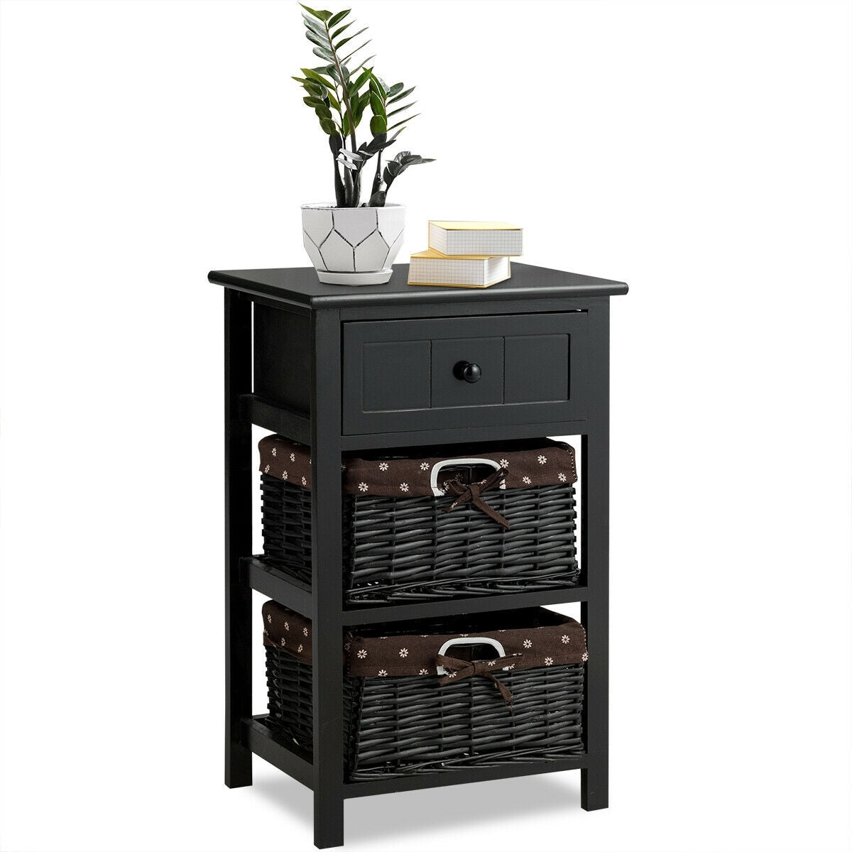 Set of 2 3-Layer 1 Drawer Wood Bedside End Table-Black-Nightstands-DECOROLALA