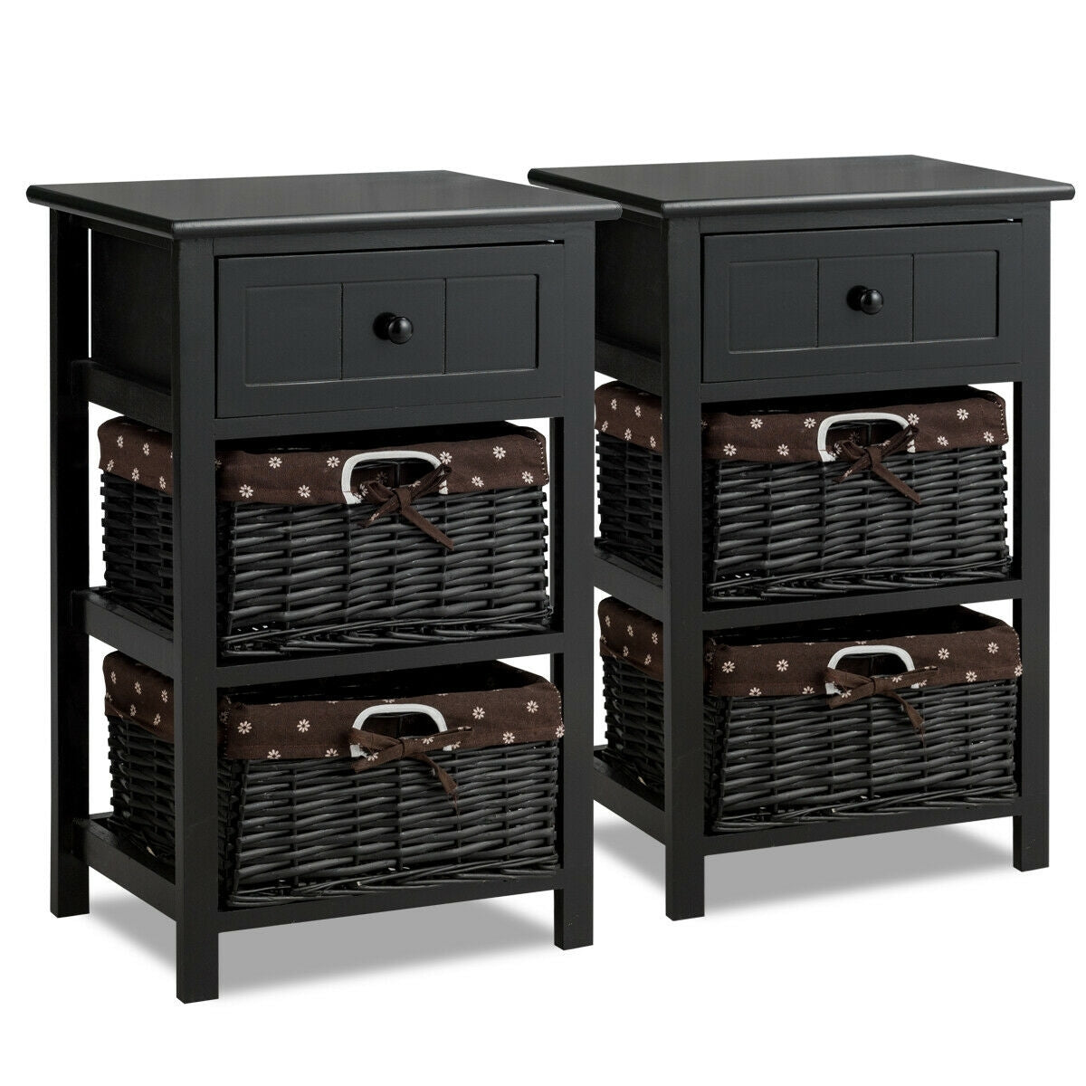Set of 2 3-Layer 1 Drawer Wood Bedside End Table-Black-Nightstands-DECOROLALA
