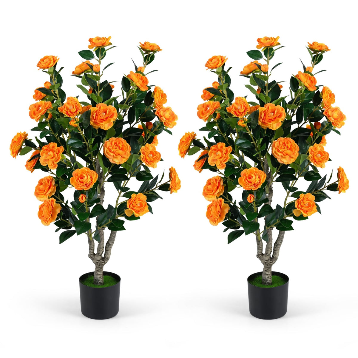 Set of 2 39.5" Artificial Camellia Tree with Orange Blossoms in Cement Pot for Decoration-Orange-Artificial Plants-DECOROLALA