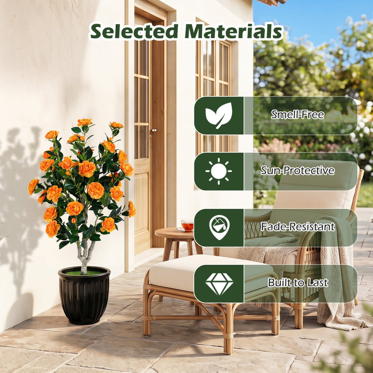 Set of 2 39.5" Artificial Camellia Tree with Orange Blossoms in Cement Pot for Decoration-Orange-Artificial Plants-DECOROLALA