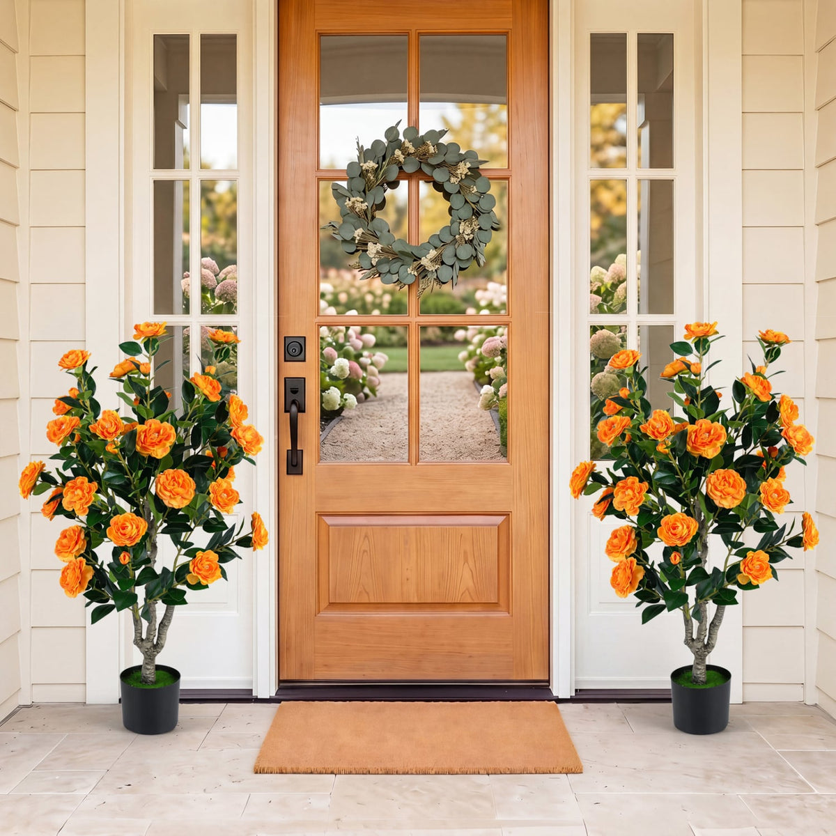 Set of 2 39.5" Artificial Camellia Tree with Orange Blossoms in Cement Pot for Decoration-Orange-Artificial Plants-DECOROLALA