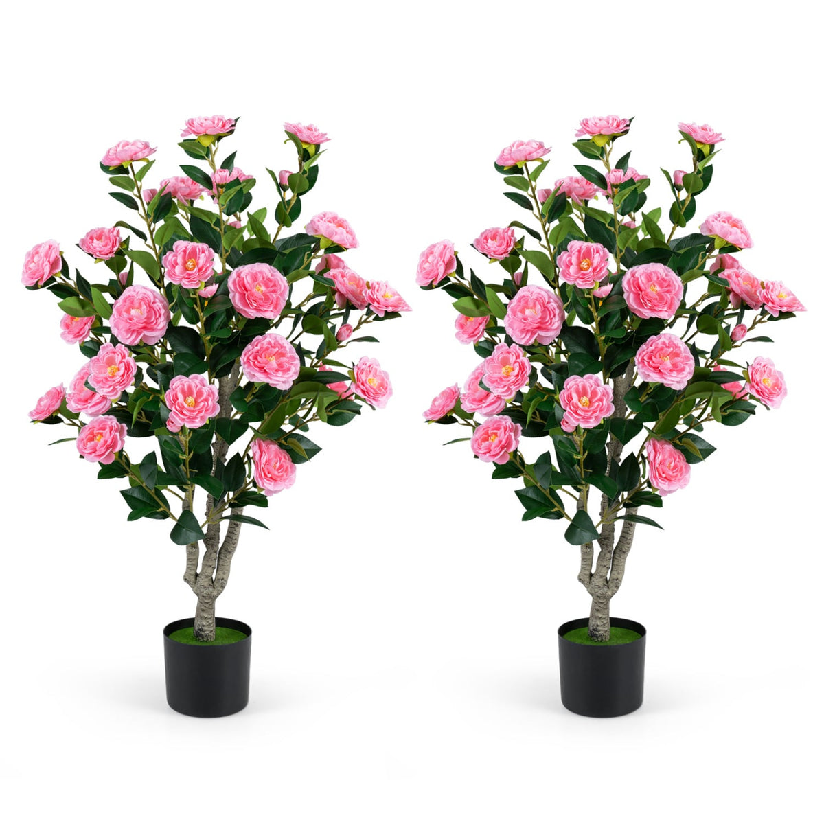 Set of 2 39.5" Artificial Camellia Tree with Orange Blossoms in Cement Pot for Decoration-Pink-Artificial Plants-DECOROLALA