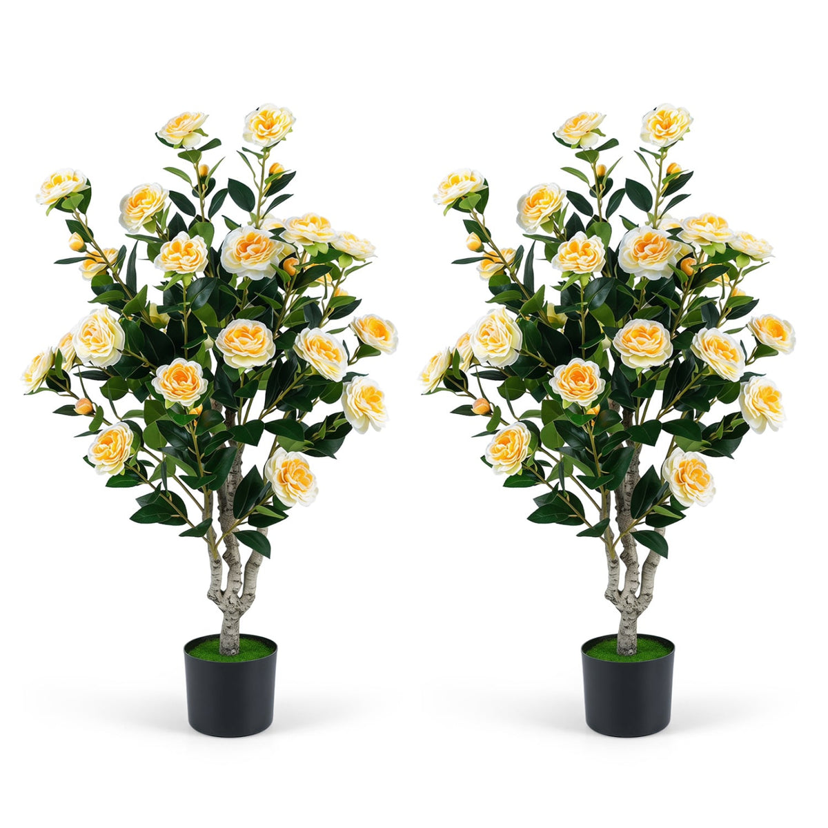 Set of 2 39.5" Artificial Camellia Tree with Orange Blossoms in Cement Pot for Decoration-White-Artificial Plants-DECOROLALA
