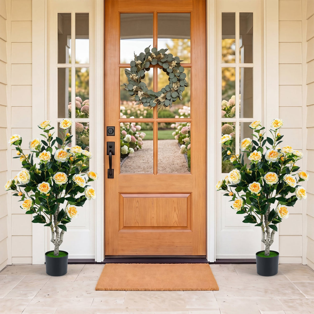 Set of 2 39.5" Artificial Camellia Tree with Orange Blossoms in Cement Pot for Decoration-White-Artificial Plants-DECOROLALA