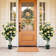 Set of 2 39.5" Artificial Camellia Tree with Orange Blossoms in Cement Pot for Decoration-White-Artificial Plants-DECOROLALA