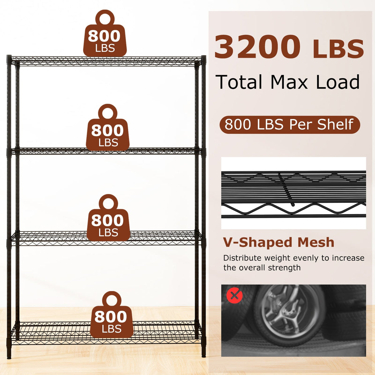 Set of 2 4-Tier Metal Storage Shelving Unit with V-Shaped Wire Rack-Black-Shelving-DECOROLALA