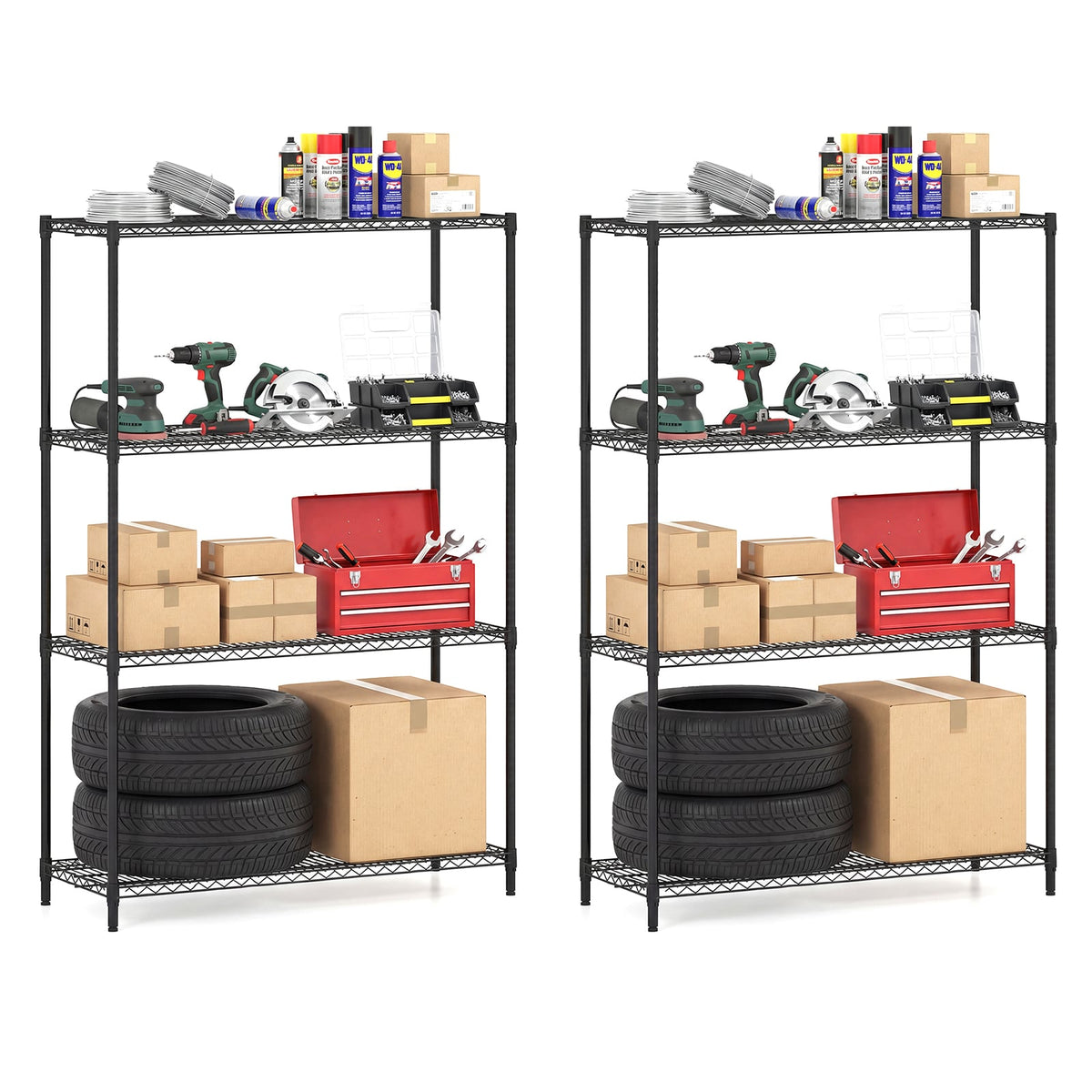 Set of 2 4-Tier Metal Storage Shelving Unit with V-Shaped Wire Rack-Black-Shelving-DECOROLALA