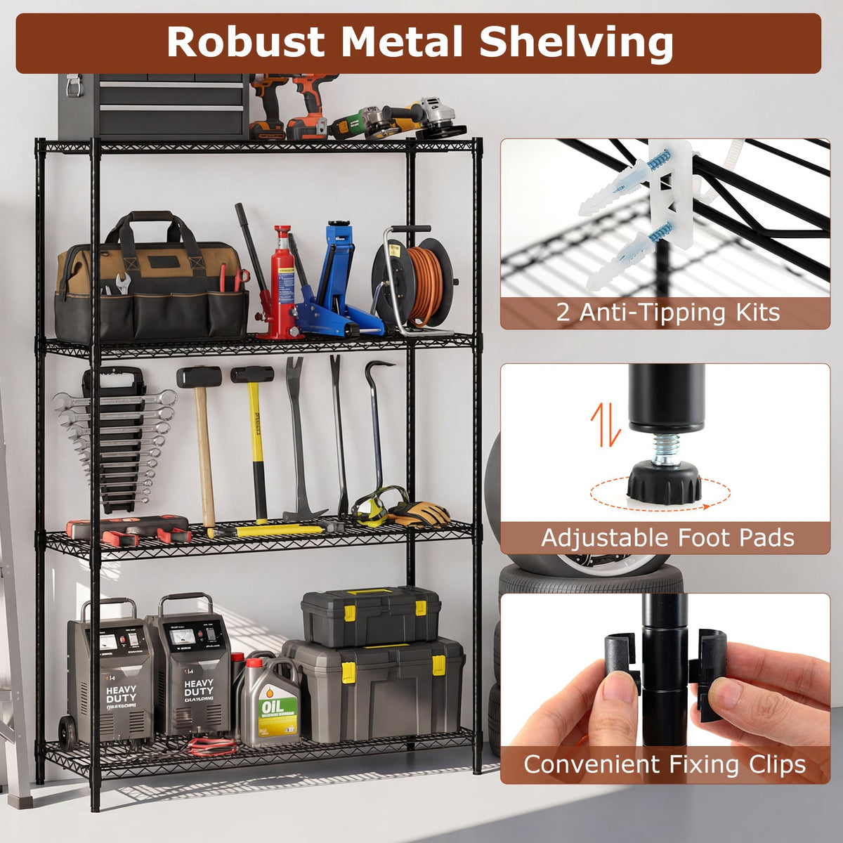 Set of 2 4-Tier Metal Storage Shelving Unit with V-Shaped Wire Rack-Black-Shelving-DECOROLALA