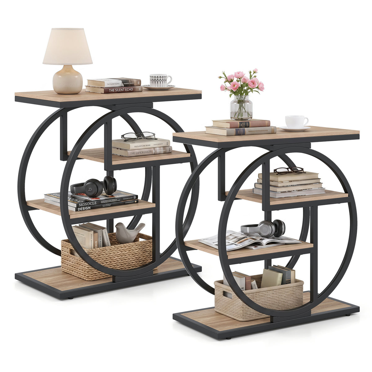 Set of 2 4-Tier Narrow End Table for Living Room with Storage Shelves-Gray-End & Side Tables-DECOROLALA