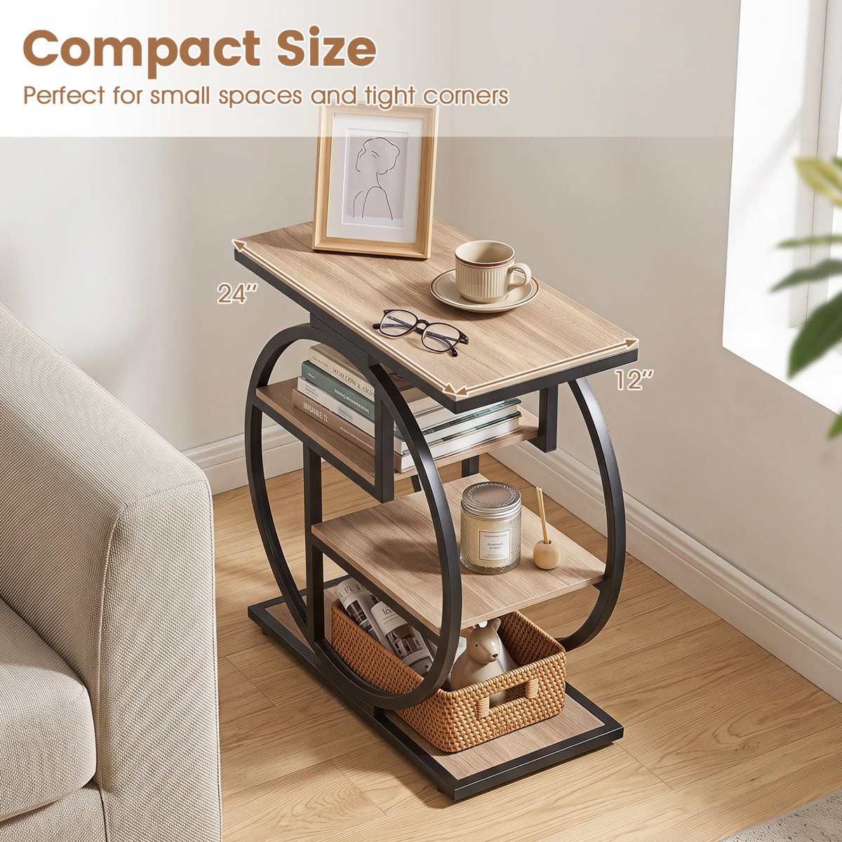 Set of 2 4-Tier Narrow End Table for Living Room with Storage Shelves-Gray-End & Side Tables-DECOROLALA