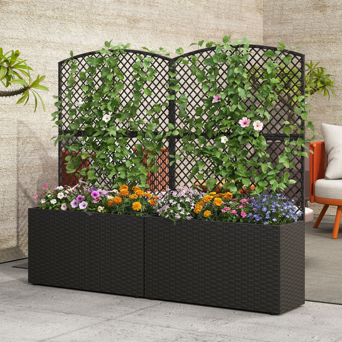 Set of 2 49 Inch Raised Garden Bed with Trellis and Wicker Planter Box-Black-Raised Garden Beds-DECOROLALA