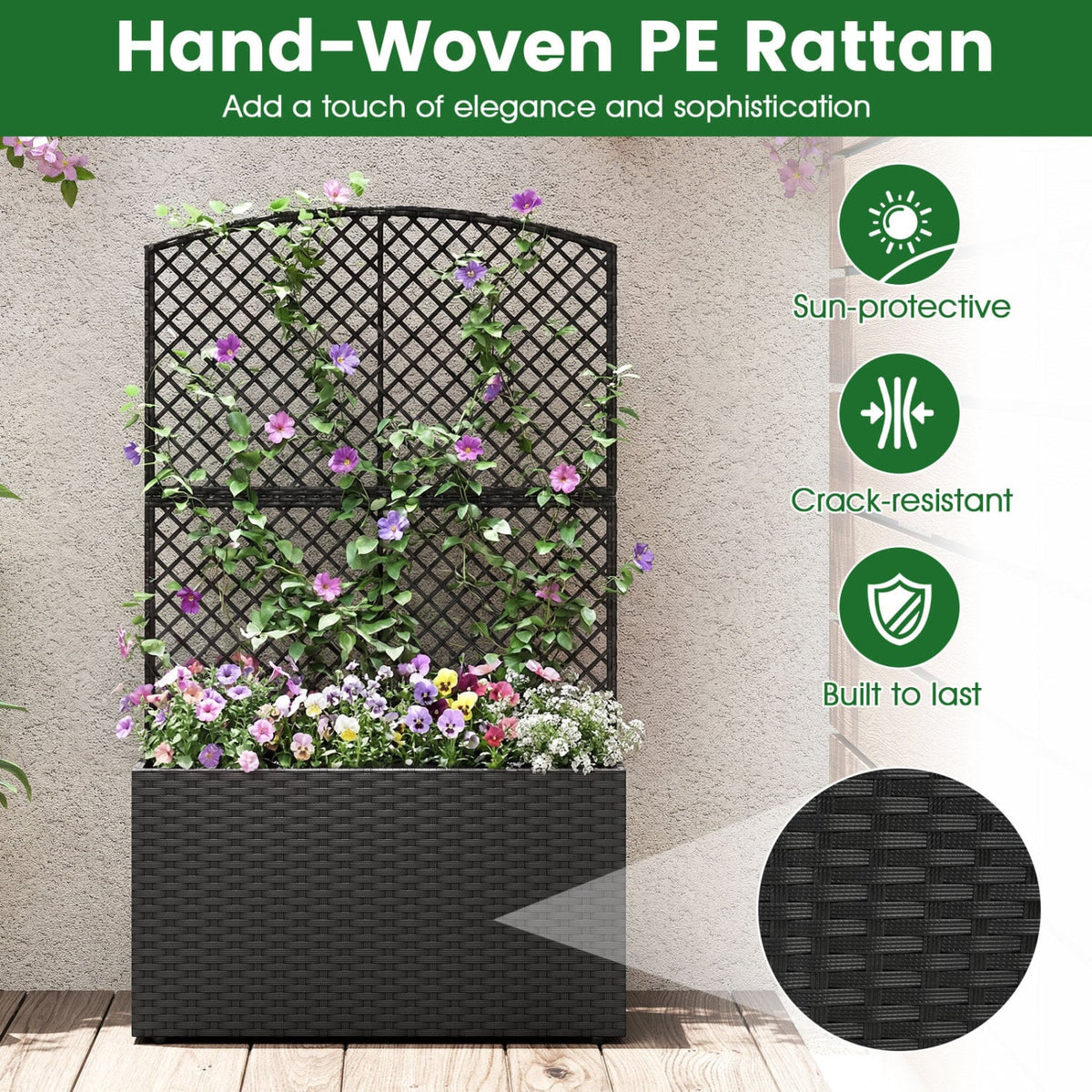 Set of 2 49 Inch Raised Garden Bed with Trellis and Wicker Planter Box-Black-Raised Garden Beds-DECOROLALA