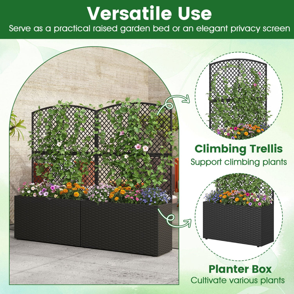 Set of 2 49 Inch Raised Garden Bed with Trellis and Wicker Planter Box-Black-Raised Garden Beds-DECOROLALA
