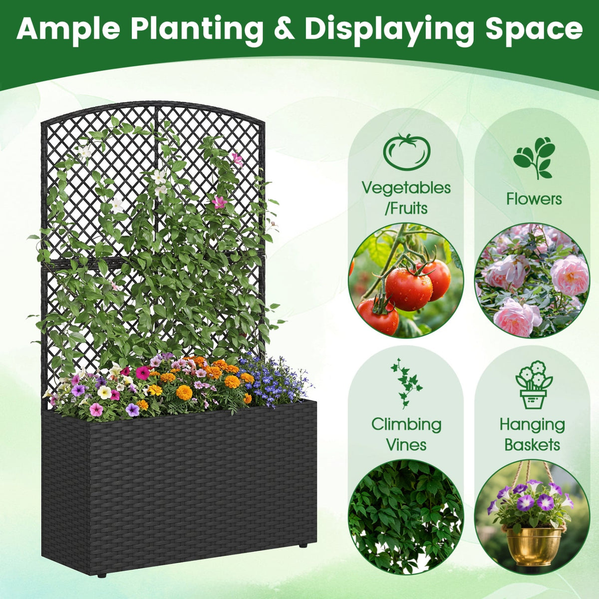 Set of 2 49 Inch Raised Garden Bed with Trellis and Wicker Planter Box-Black-Raised Garden Beds-DECOROLALA