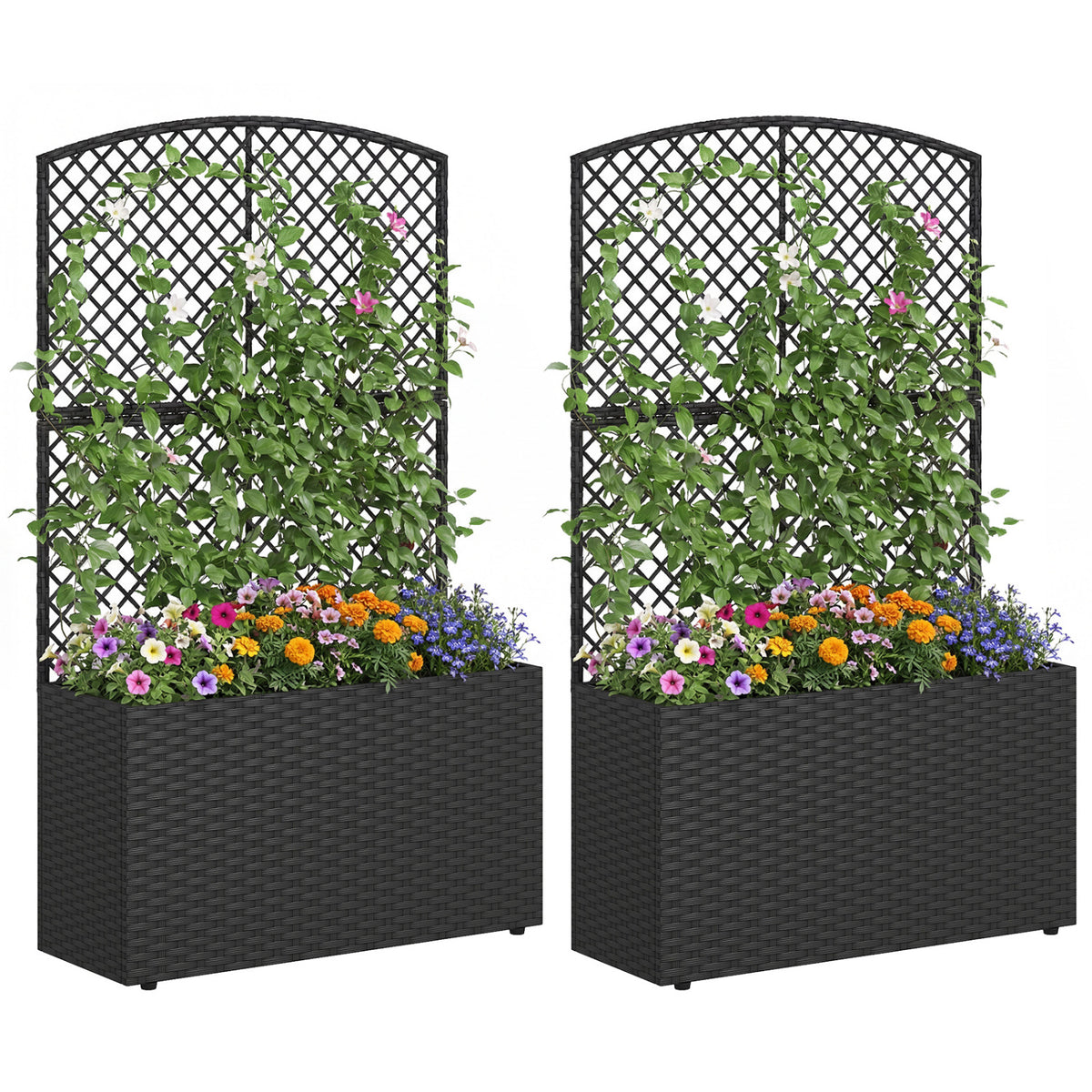 Set of 2 49 Inch Raised Garden Bed with Trellis and Wicker Planter Box-Black-Raised Garden Beds-DECOROLALA