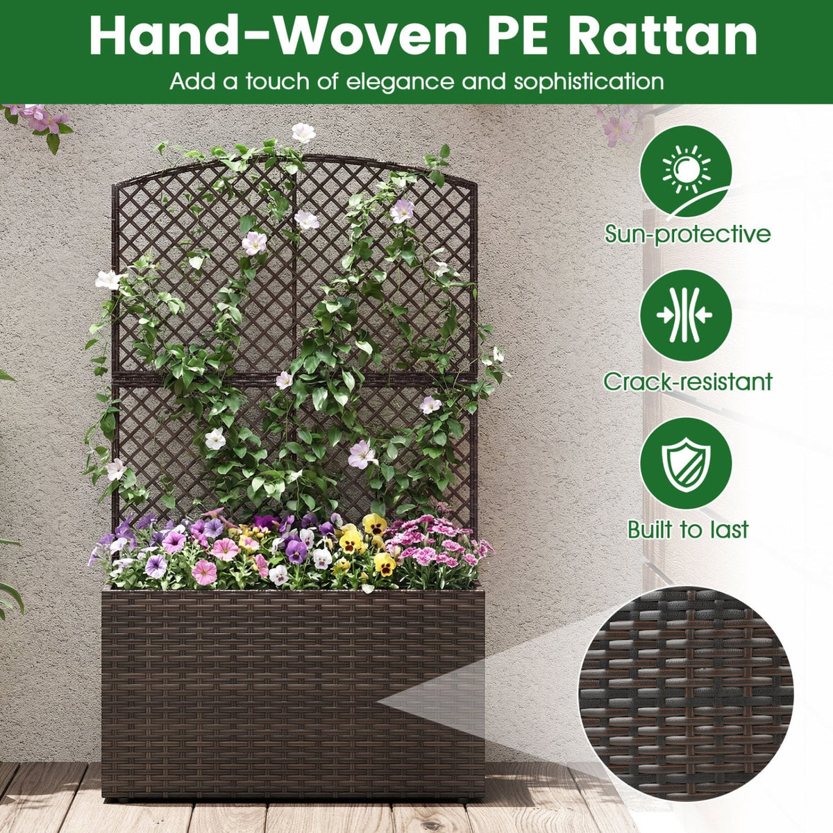 Set of 2 49 Inch Raised Garden Bed with Trellis and Wicker Planter Box-Brown-Raised Garden Beds-DECOROLALA