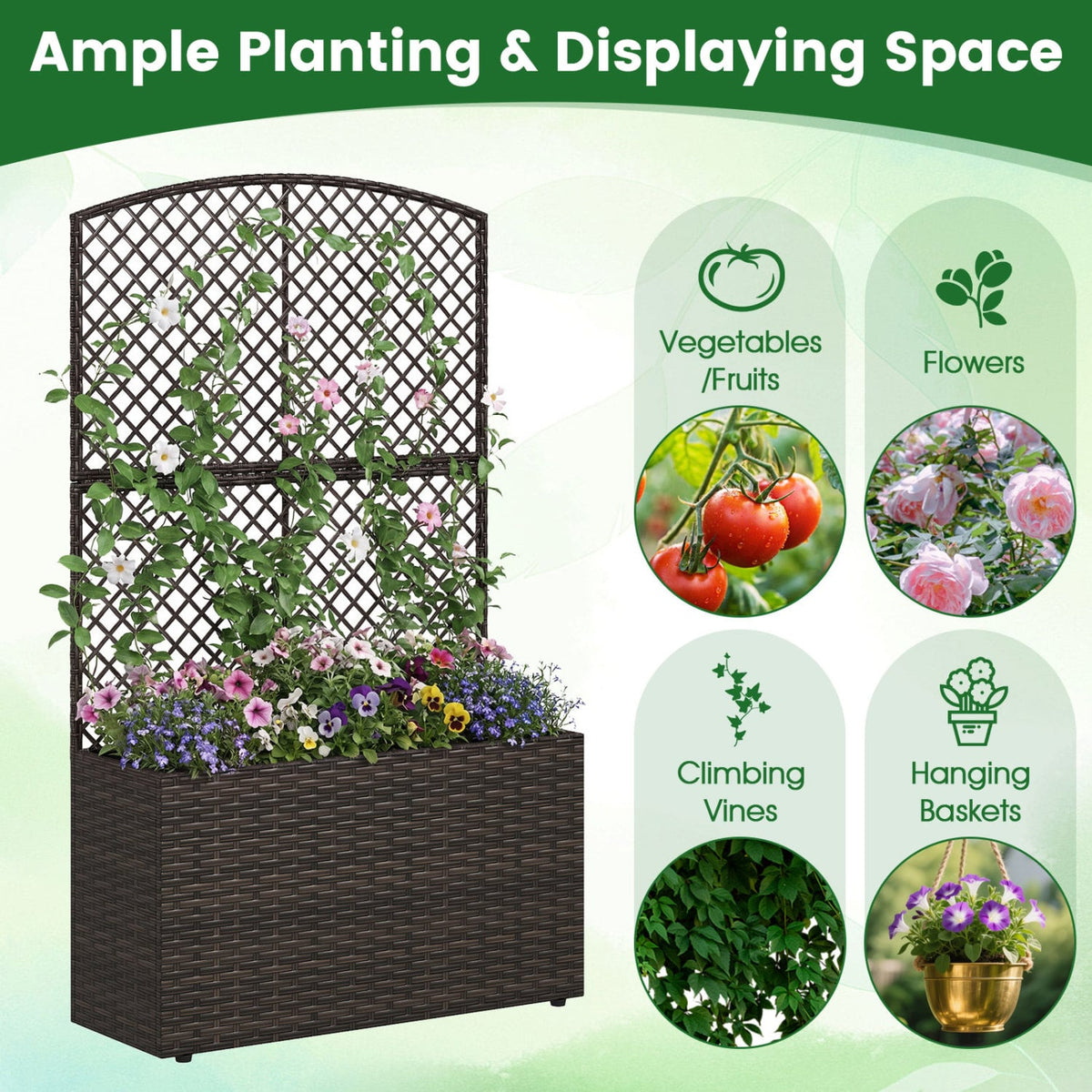 Set of 2 49 Inch Raised Garden Bed with Trellis and Wicker Planter Box-Brown-Raised Garden Beds-DECOROLALA