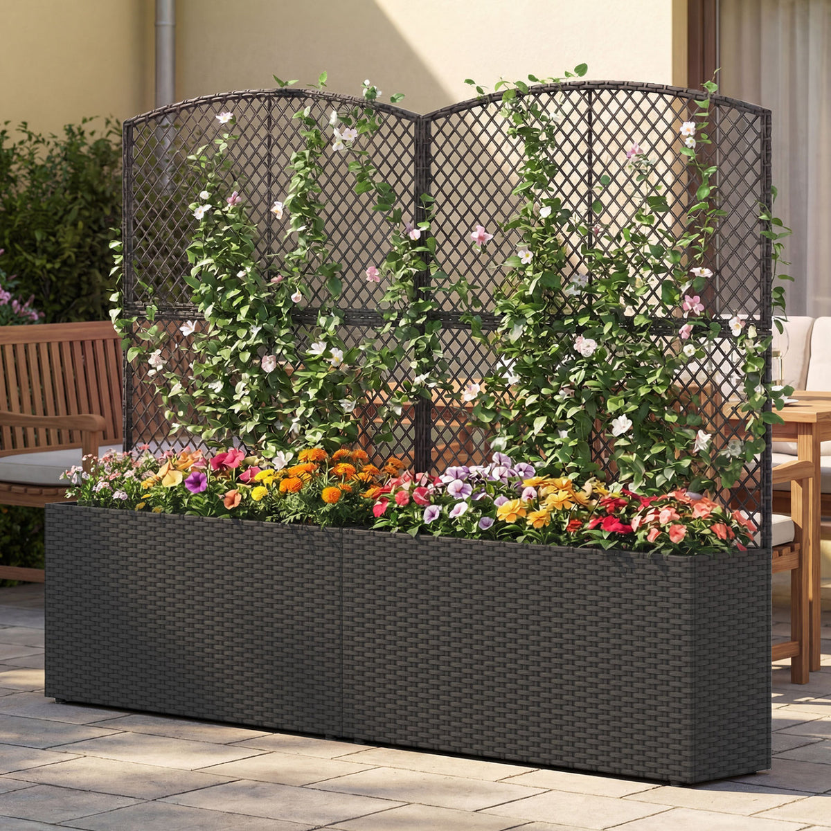 Set of 2 58 Inch Raised Garden Bed with Trellis and Wicker Planter Box-Black-Raised Garden Beds-DECOROLALA