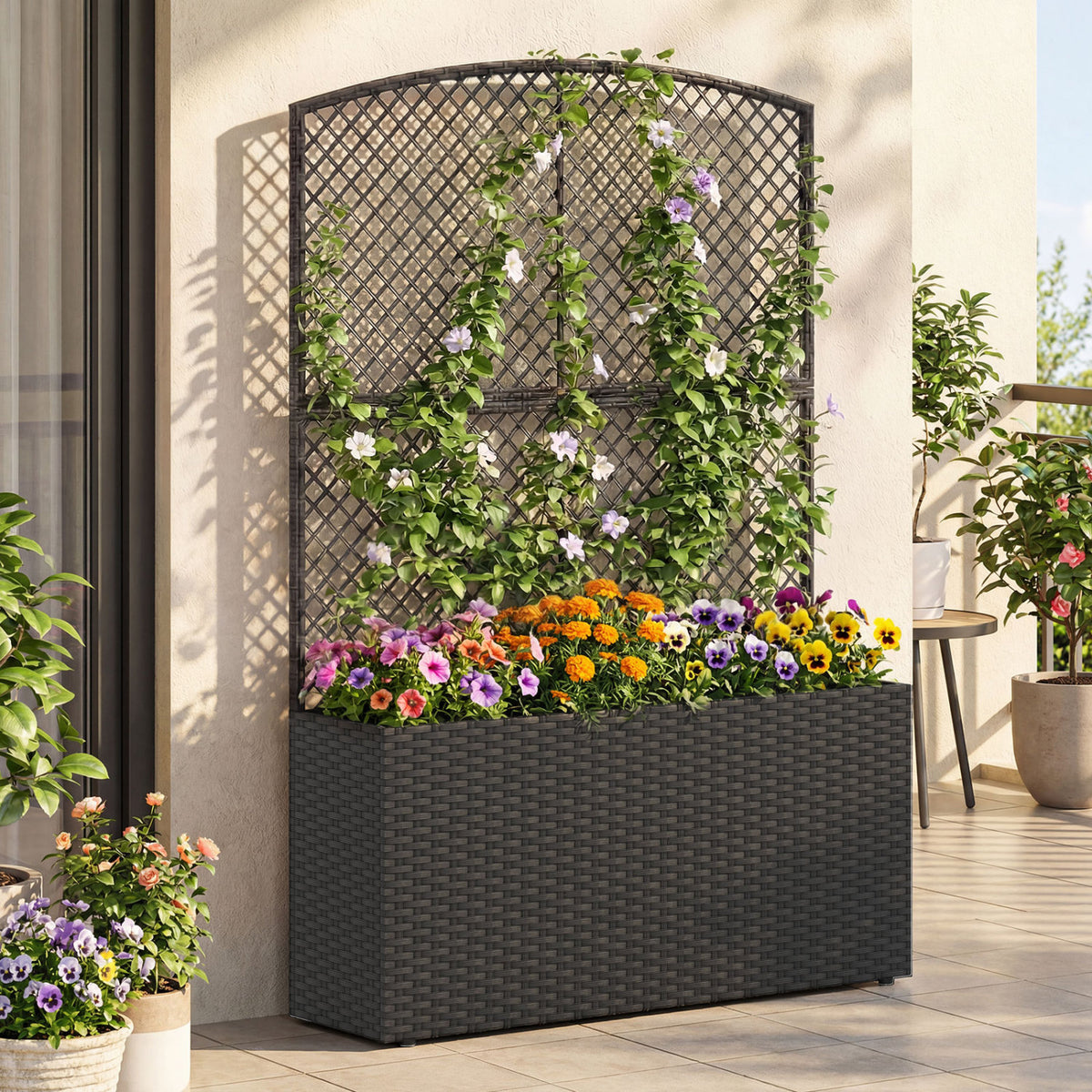 Set of 2 58 Inch Raised Garden Bed with Trellis and Wicker Planter Box-Black-Raised Garden Beds-DECOROLALA