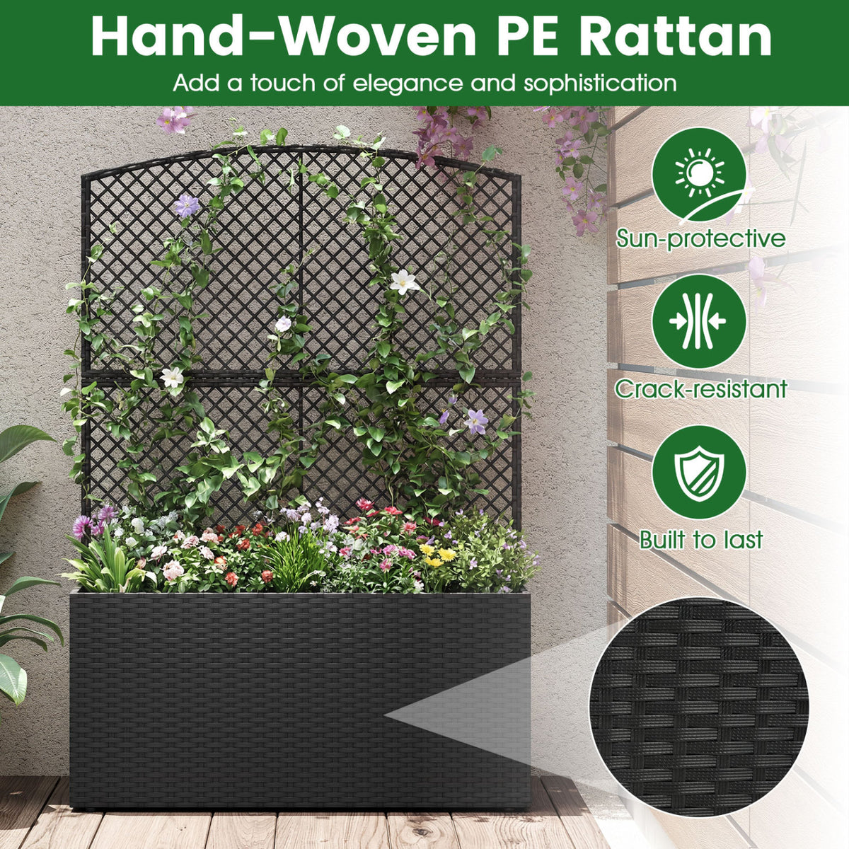 Set of 2 58 Inch Raised Garden Bed with Trellis and Wicker Planter Box-Black-Raised Garden Beds-DECOROLALA