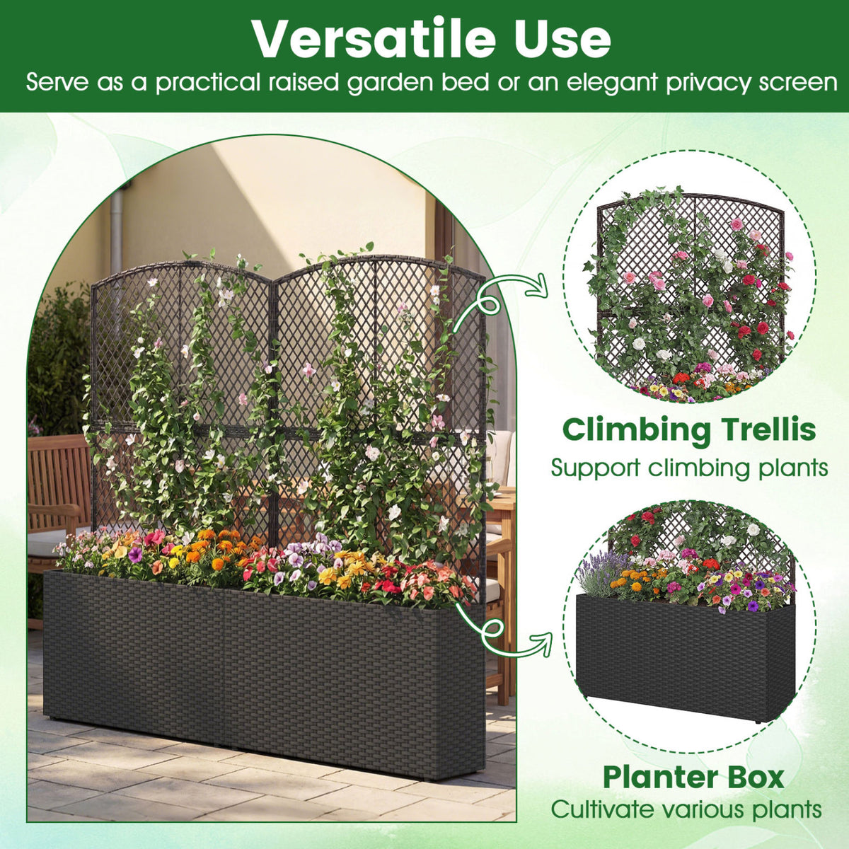 Set of 2 58 Inch Raised Garden Bed with Trellis and Wicker Planter Box-Black-Raised Garden Beds-DECOROLALA
