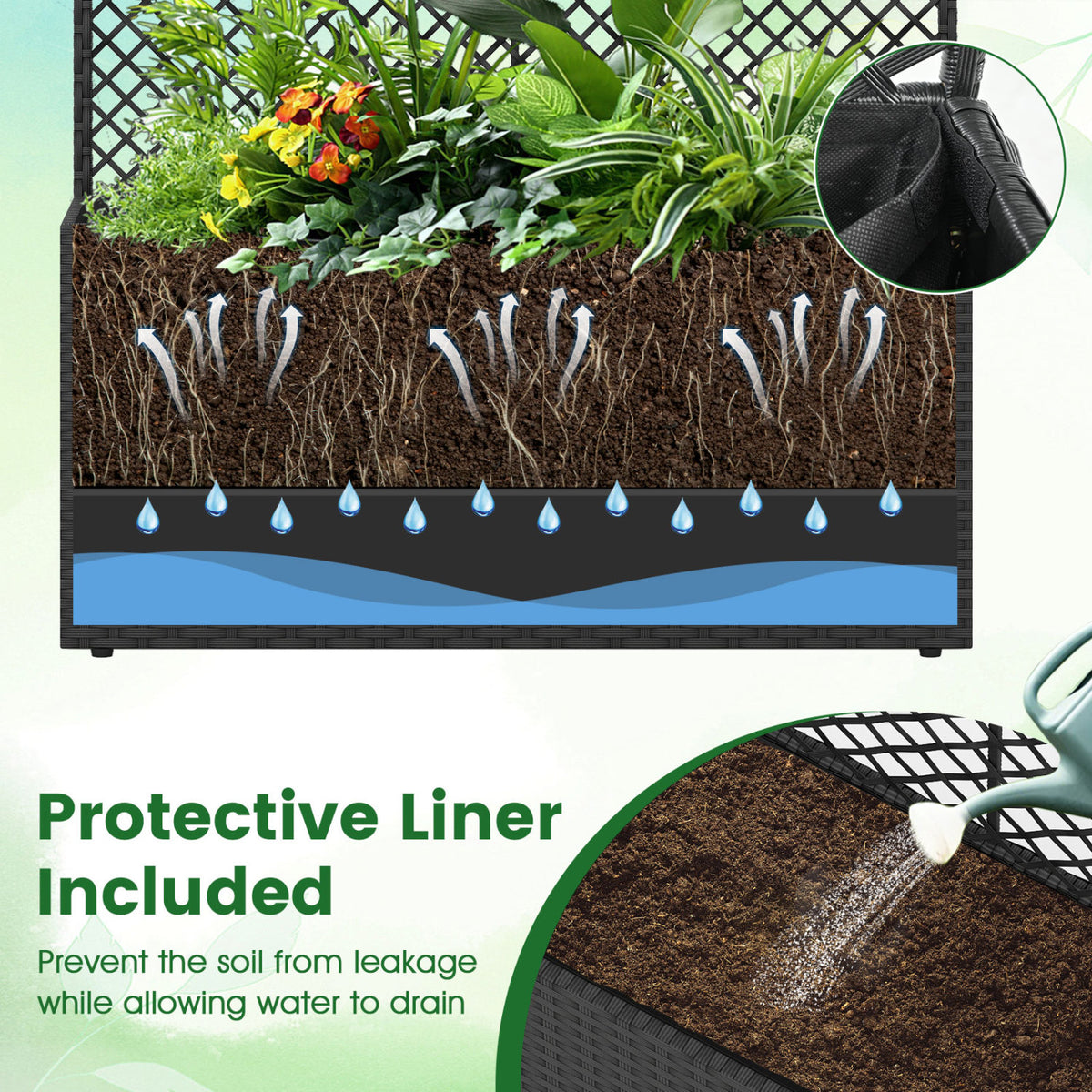 Set of 2 58 Inch Raised Garden Bed with Trellis and Wicker Planter Box-Black-Raised Garden Beds-DECOROLALA