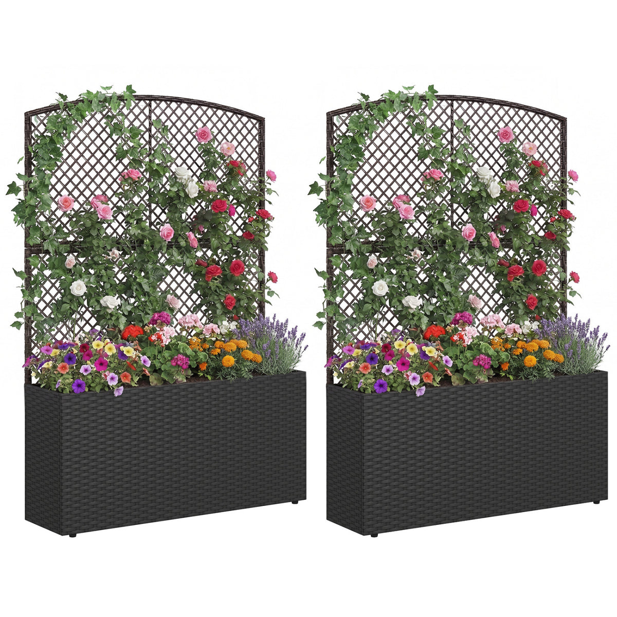 Set of 2 58 Inch Raised Garden Bed with Trellis and Wicker Planter Box-Black-Raised Garden Beds-DECOROLALA