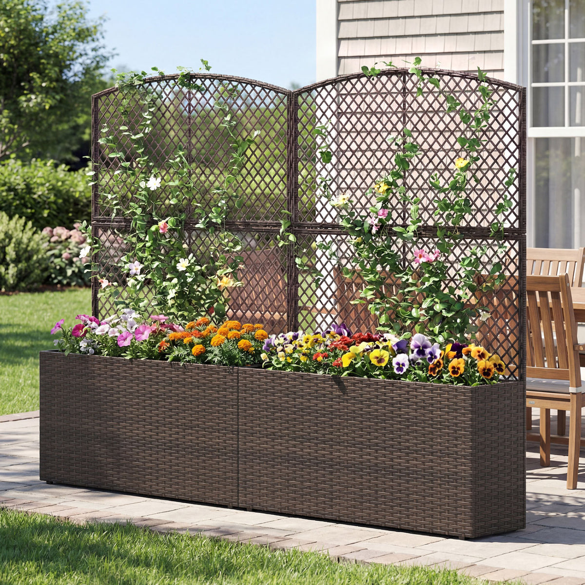 Set of 2 58 Inch Raised Garden Bed with Trellis and Wicker Planter Box-Brown-Raised Garden Beds-DECOROLALA