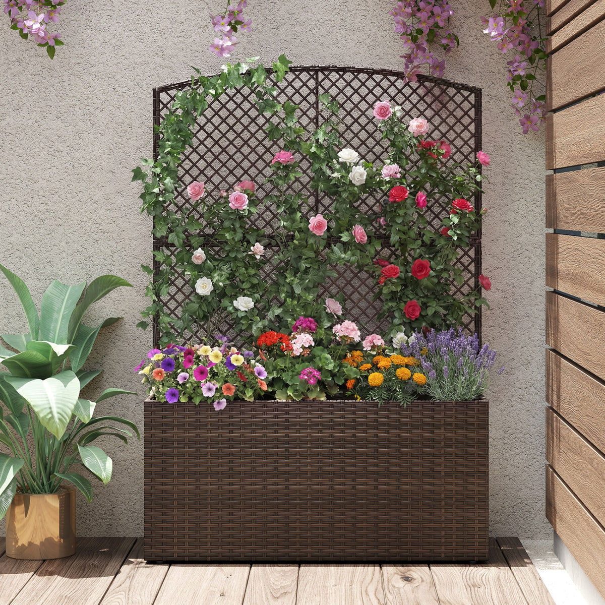 Set of 2 58 Inch Raised Garden Bed with Trellis and Wicker Planter Box-Brown-Raised Garden Beds-DECOROLALA