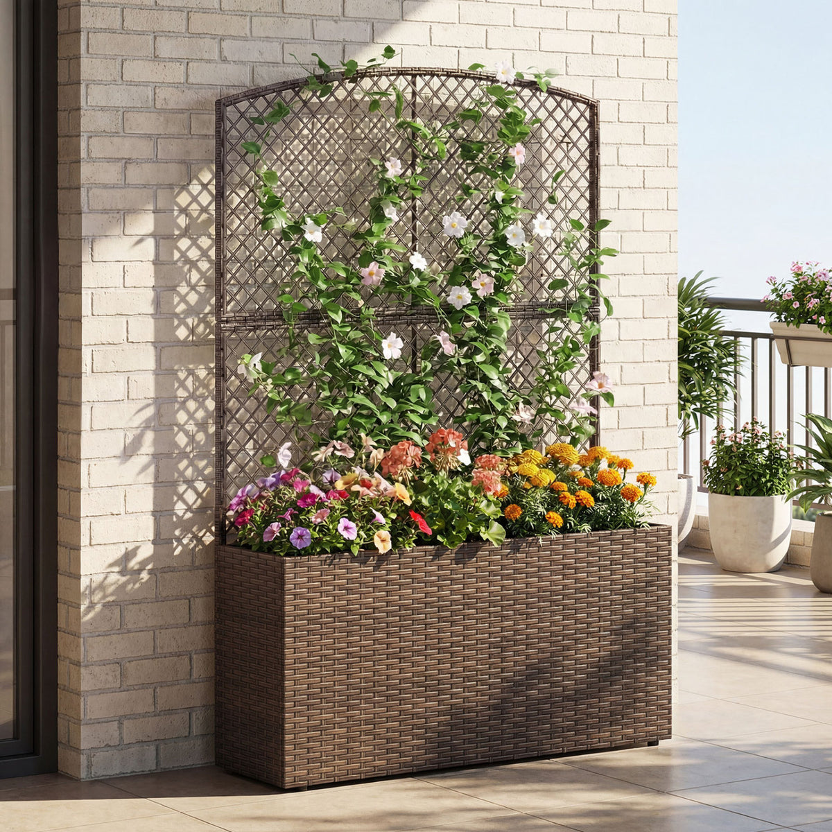 Set of 2 58 Inch Raised Garden Bed with Trellis and Wicker Planter Box-Brown-Raised Garden Beds-DECOROLALA