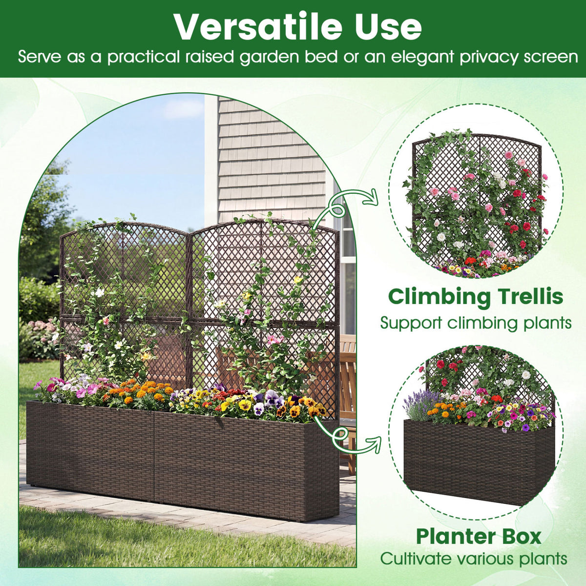 Set of 2 58 Inch Raised Garden Bed with Trellis and Wicker Planter Box-Brown-Raised Garden Beds-DECOROLALA