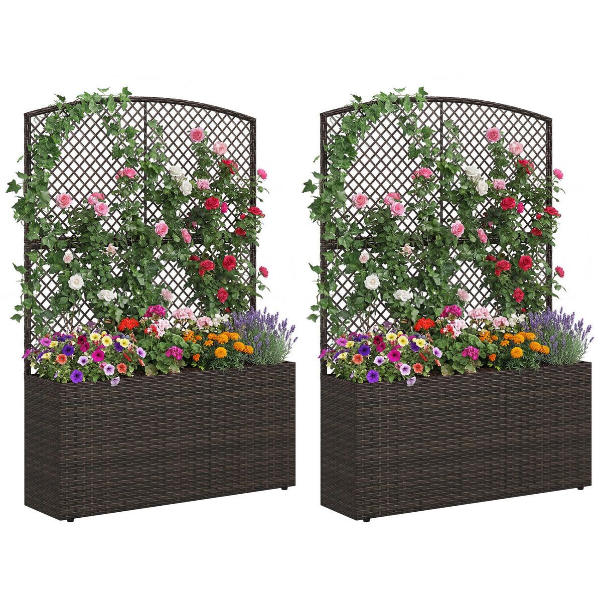 Set of 2 58 Inch Raised Garden Bed with Trellis and Wicker Planter Box-Brown-Raised Garden Beds-DECOROLALA