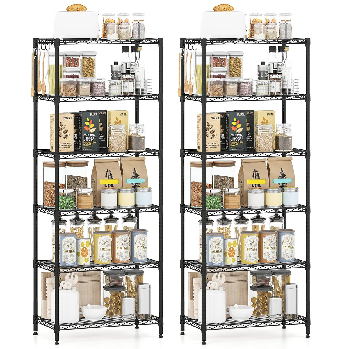 Set of 2 6-Tier Metal Storage Shelving Unit with V-Shaped Wire Rack and 900 LBS Capacity-Black-Garages-DECOROLALA
