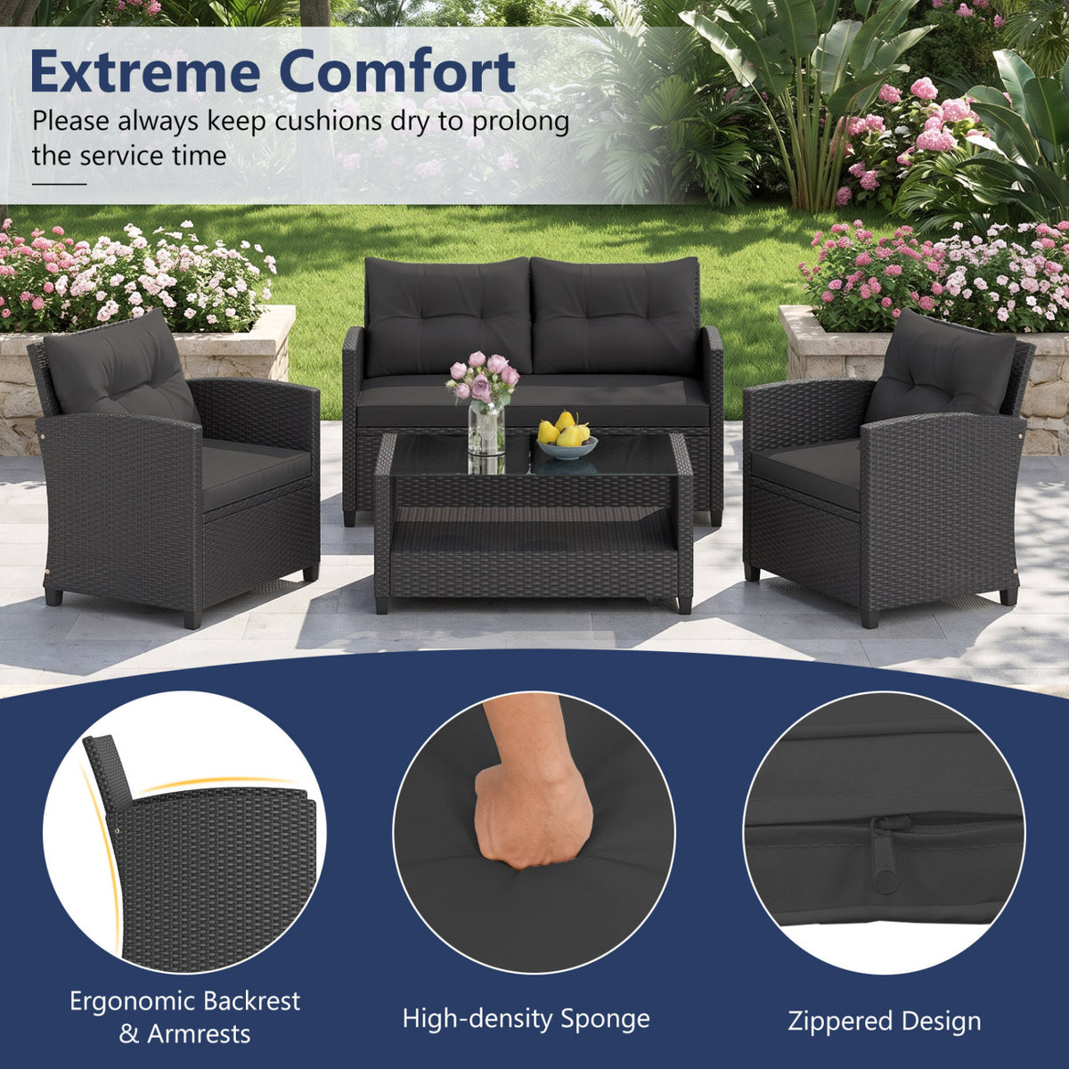 Set of 2 8 Pieces Patio Rattan Conversation Furniture Set with Glass Top Coffee Table-Black-Patio Conversation Sets-DECOROLALA