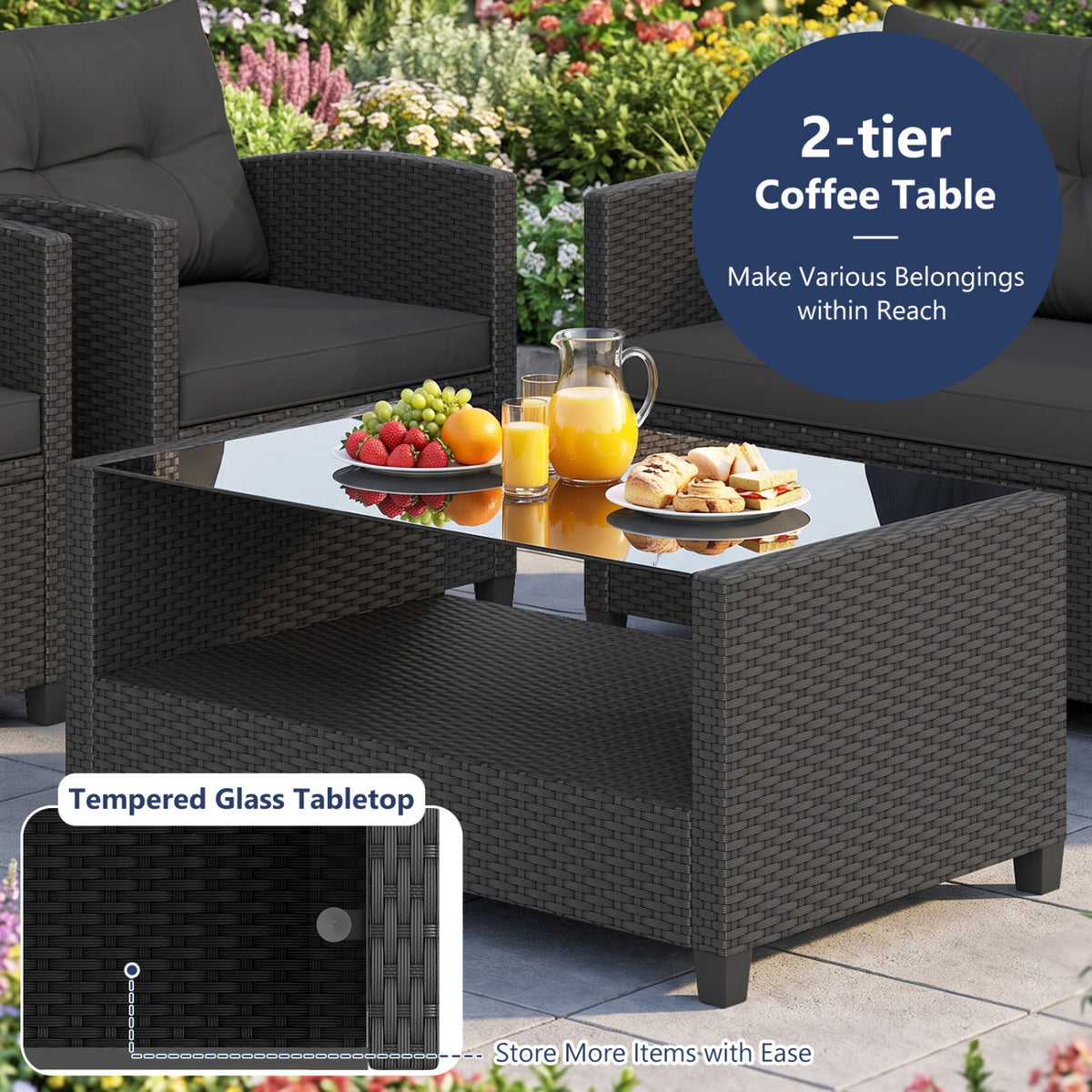Set of 2 8 Pieces Patio Rattan Conversation Furniture Set with Glass Top Coffee Table-Black-Patio Conversation Sets-DECOROLALA