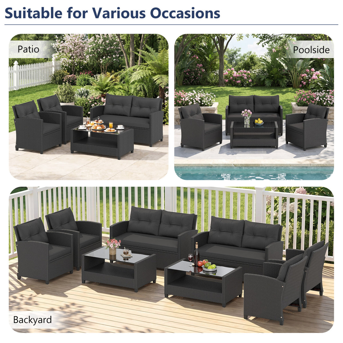 Set of 2 8 Pieces Patio Rattan Conversation Furniture Set with Glass Top Coffee Table-Black-Patio Conversation Sets-DECOROLALA